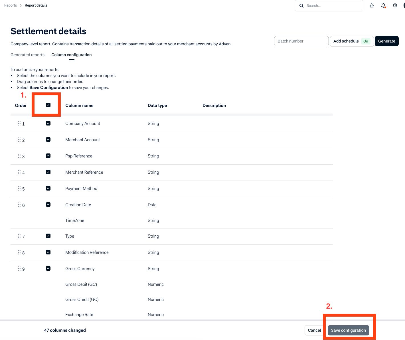 Adyen column configuration showing the select-all checkbox and Save configuration button