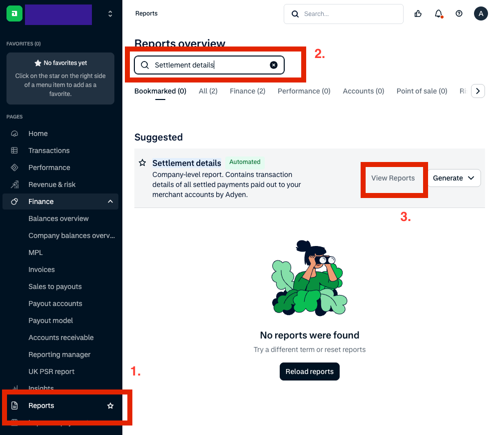 Adyen Reports page showing the Settlement details report under Finance > Reports