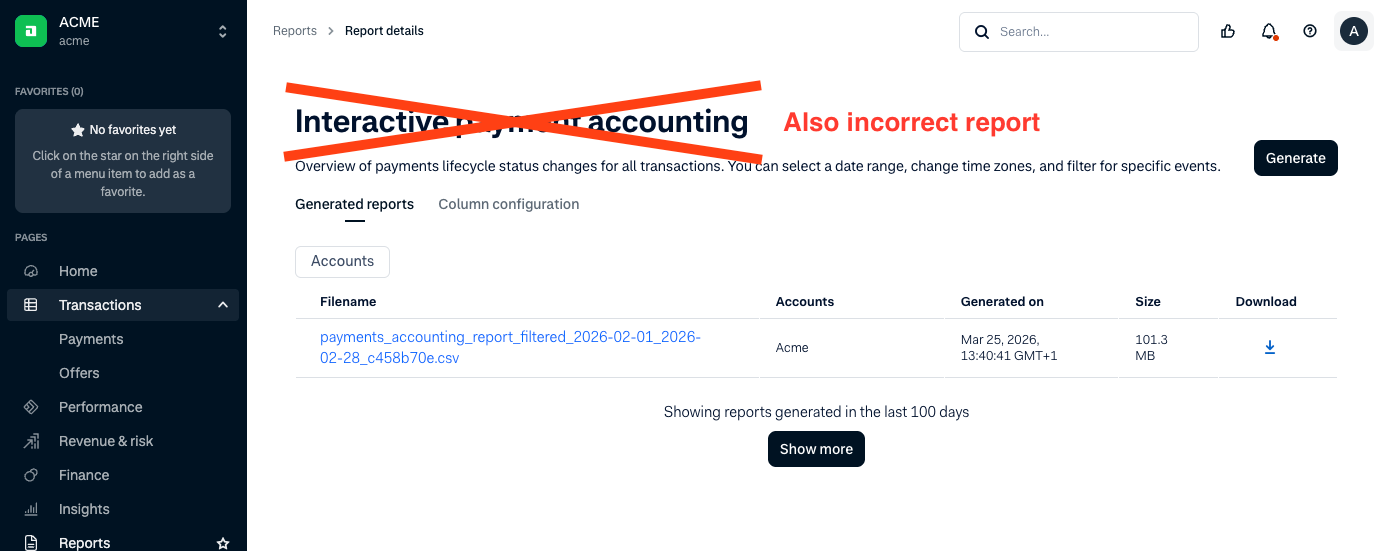 Adyen Interactive Payment Accounting report page, marked as incorrect