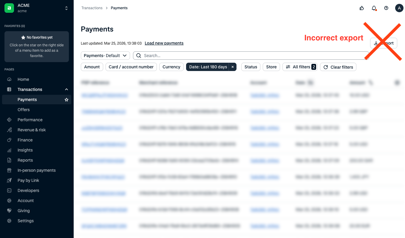 Adyen Transactions > Payments page with the Export button crossed out