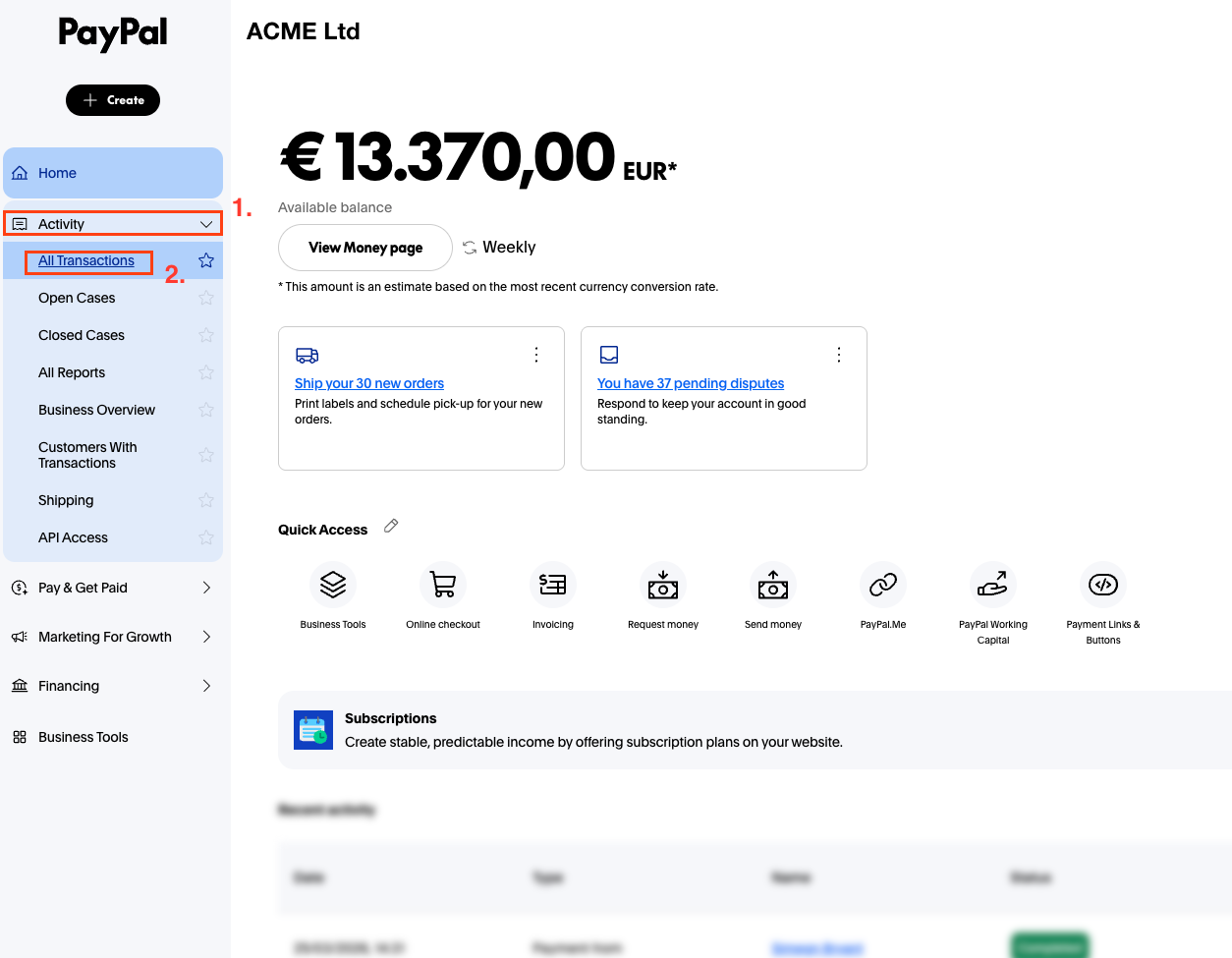 PayPal left menu showing Activity expanded with All Transactions highlighted
