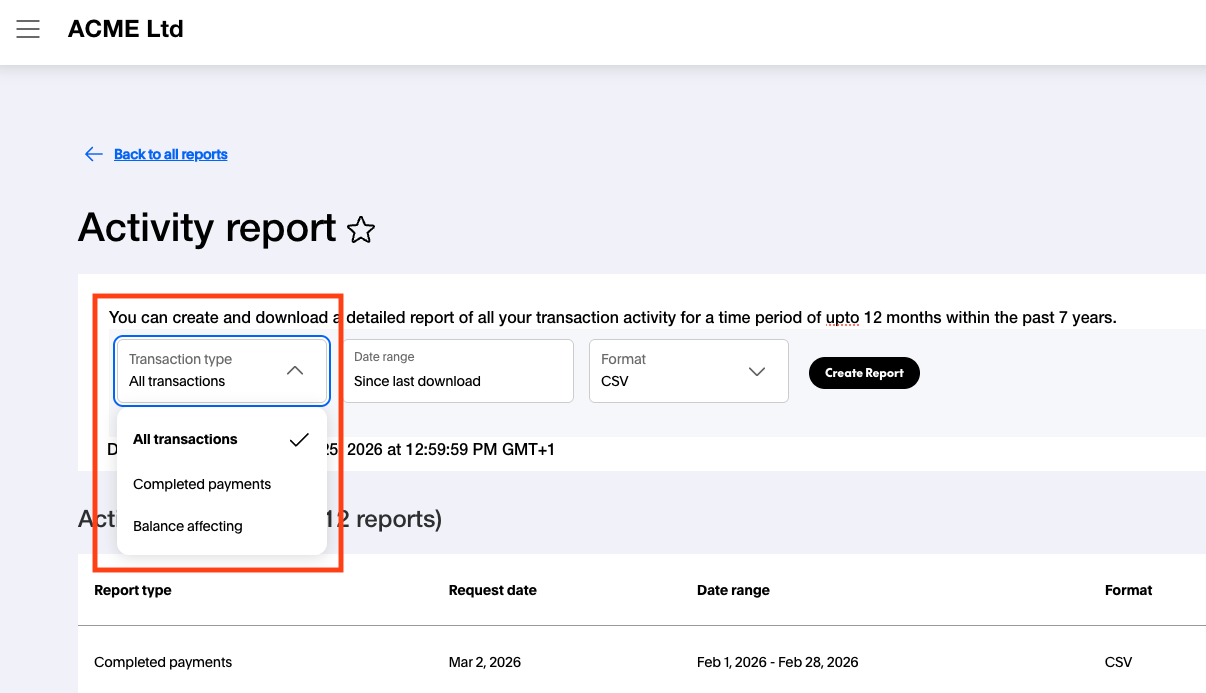 PayPal Activity report page showing the Transaction type dropdown with All transactions selected