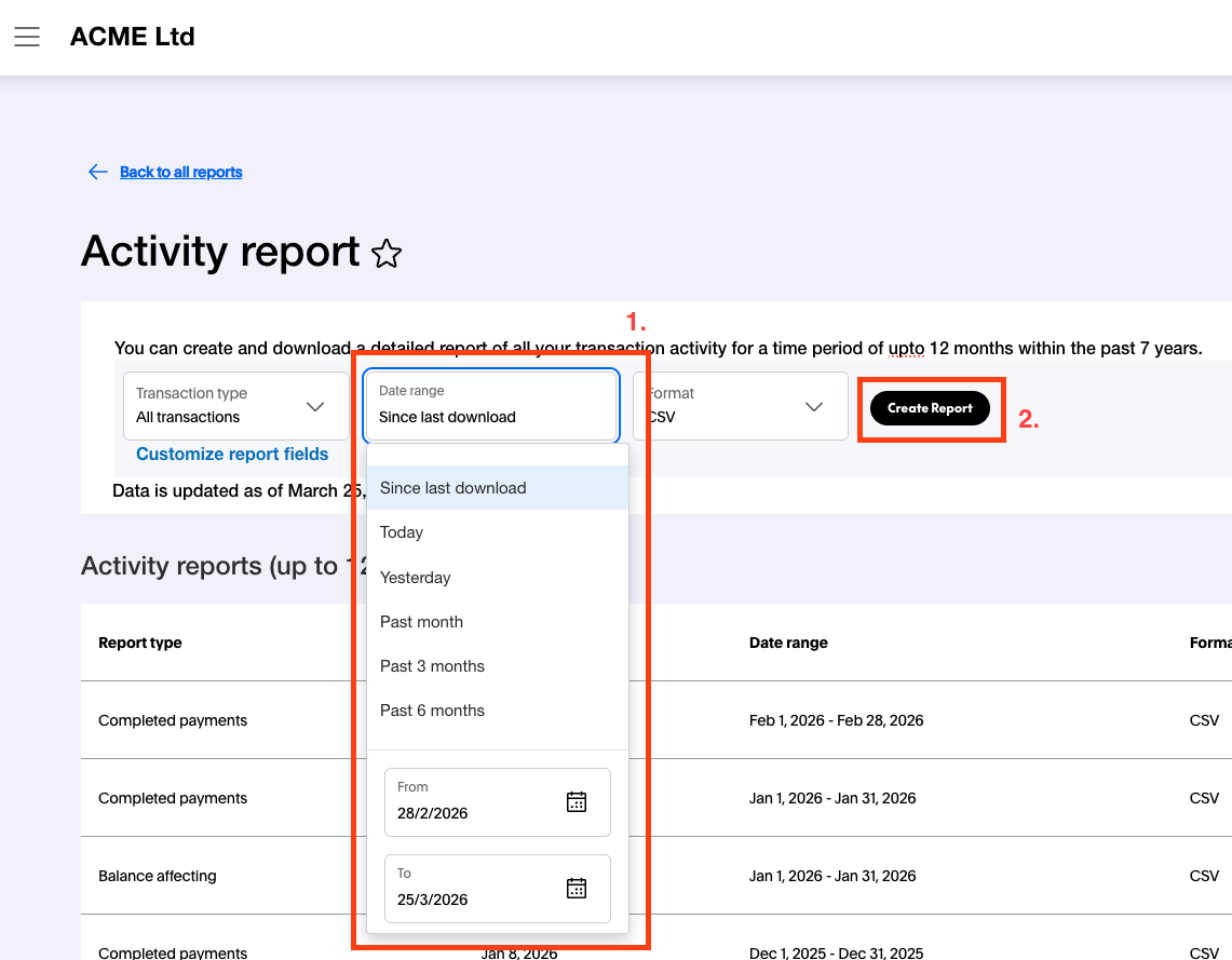 PayPal Date range dropdown showing presets and custom From/To date fields