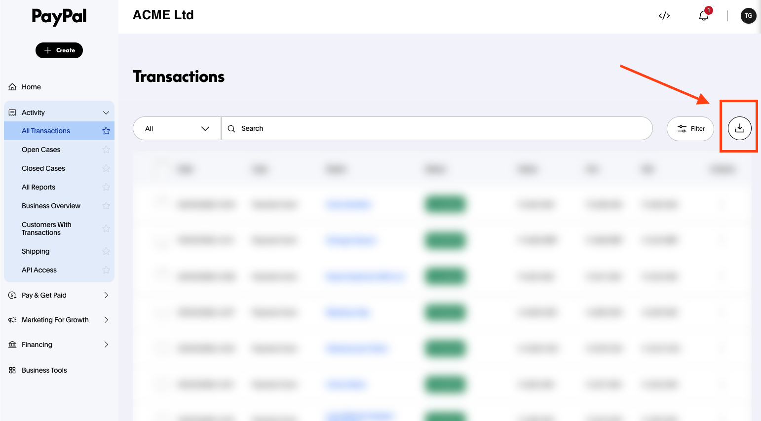 PayPal Transactions page with the download button highlighted in the top right