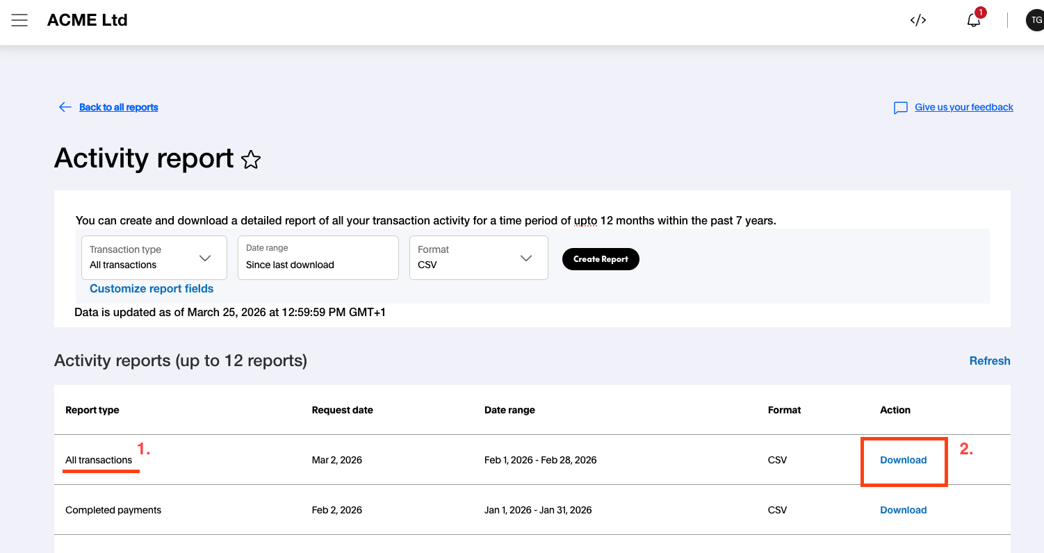 PayPal Activity reports list showing an All transactions report with the Download button highlighted