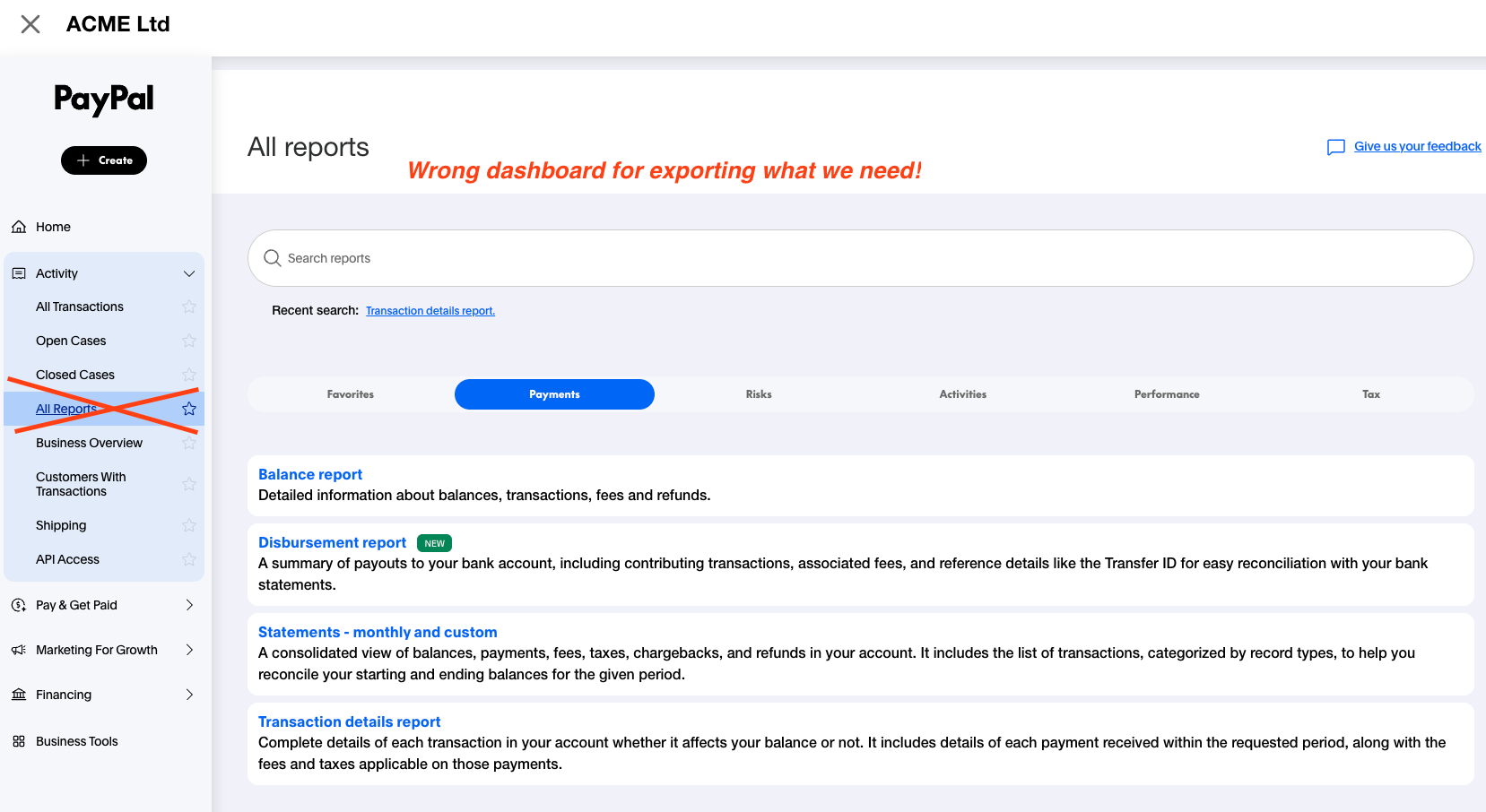 PayPal All Reports page, which is the wrong section for NjiaPay exports