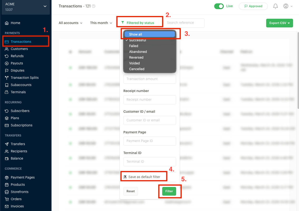 Paystack Transactions page showing the filter panel with Show all selected, Save as default filter checked, and the Filter button