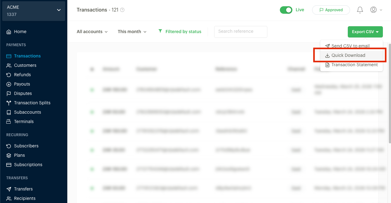 Paystack Export CSV dropdown showing Quick Download option
