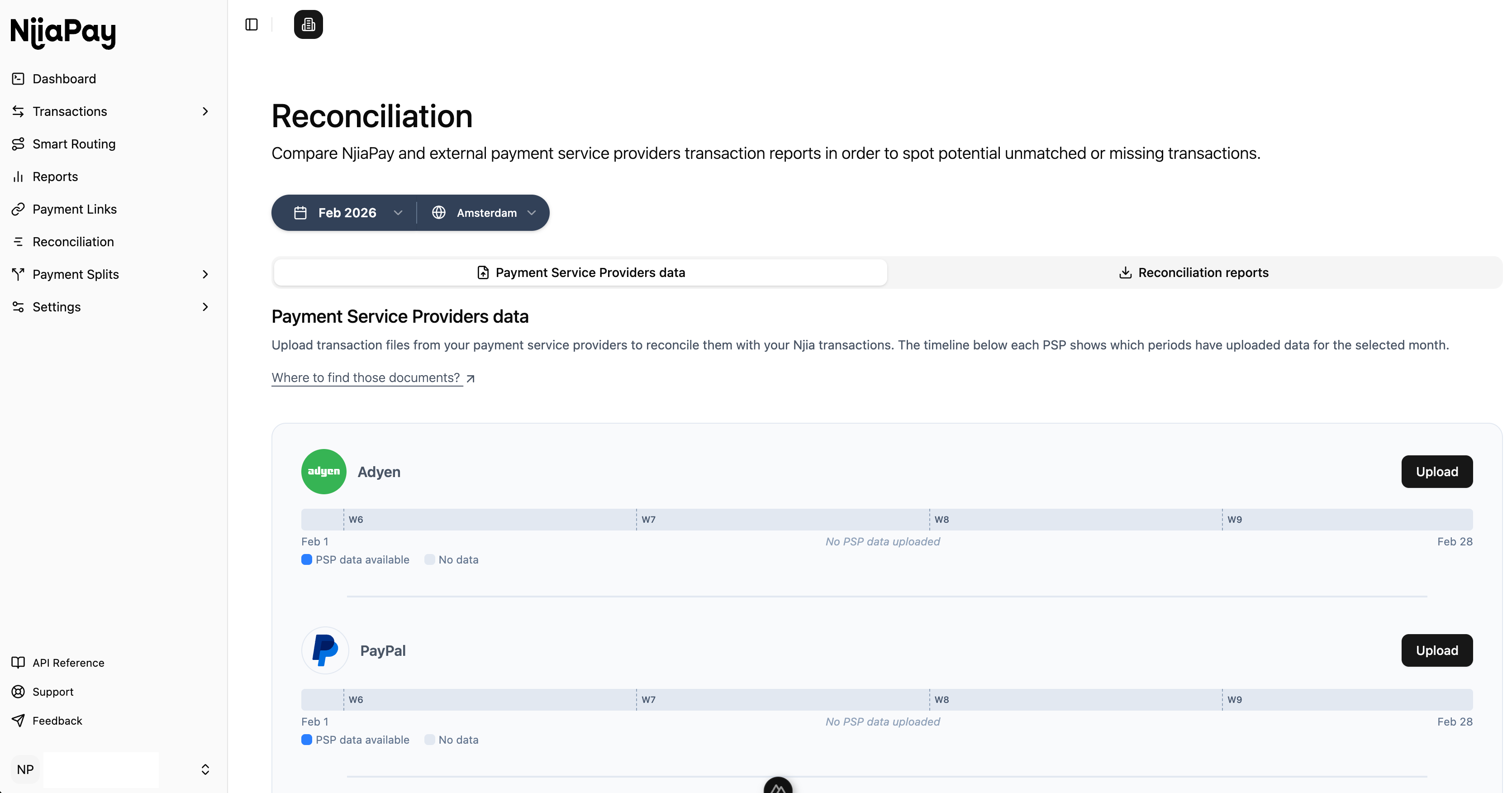 Reconciliation page showing the PSP upload interface with timeline bars for Adyen, PayPal, and Paystack