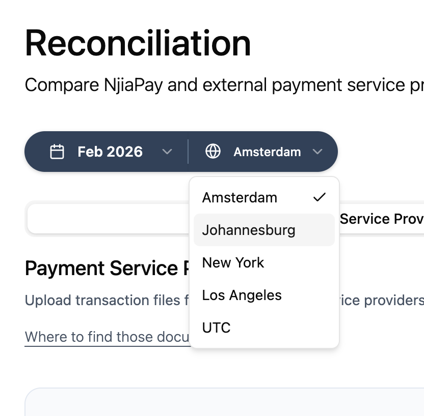 Timezone selector showing Amsterdam, Johannesburg, New York, Los Angeles, and UTC options